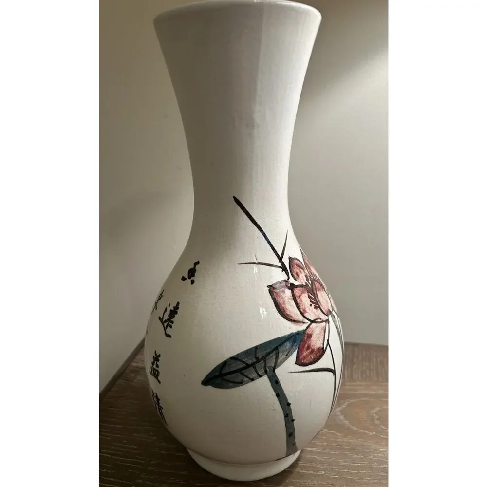 Vtg Japanese Lotus Crackle‎ Glaze White Vase Hand Painted Pink Floral 12.5” MCM